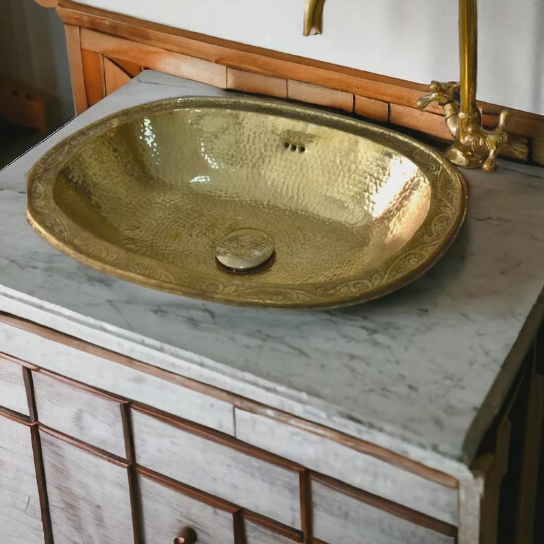 Handmade Moroccan Oval Brass Sink with Faucet – Hammered Farmhouse Bathroom Sink Set – Antique Style Vanity Basin for Outdoor or Indoor Use
