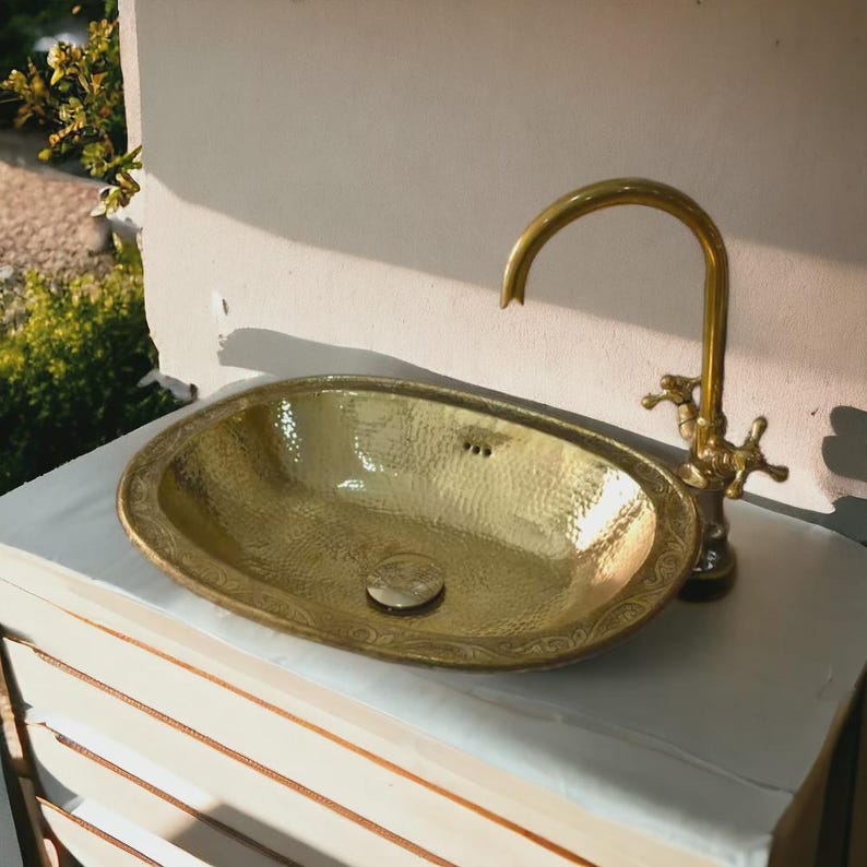 Handmade Moroccan Oval Brass Sink with Faucet – Hammered Farmhouse Bathroom Sink Set – Antique Style Vanity Basin for Outdoor or Indoor Use
