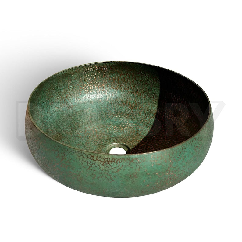 Handmade Moroccan Oxidized Copper Sink – Rustic Green Patina Round Vessel Basin for Vintage Farmhouse Bathroom Decor

