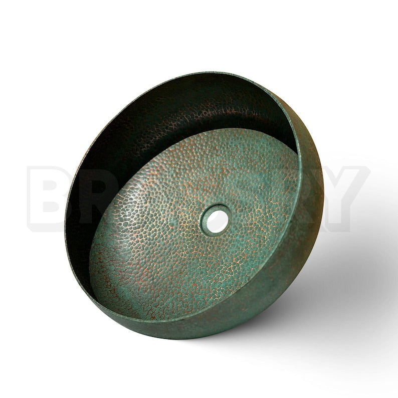 Handmade Moroccan Oxidized Copper Sink – Rustic Green Patina Round Vessel Basin for Vintage Farmhouse Bathroom Decor
