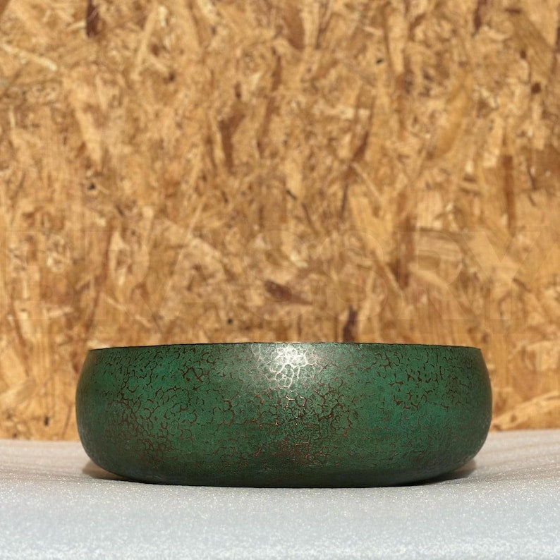Handmade Moroccan Oxidized Copper Sink – Rustic Green Patina Round Vessel Basin for Vintage Farmhouse Bathroom Decor
