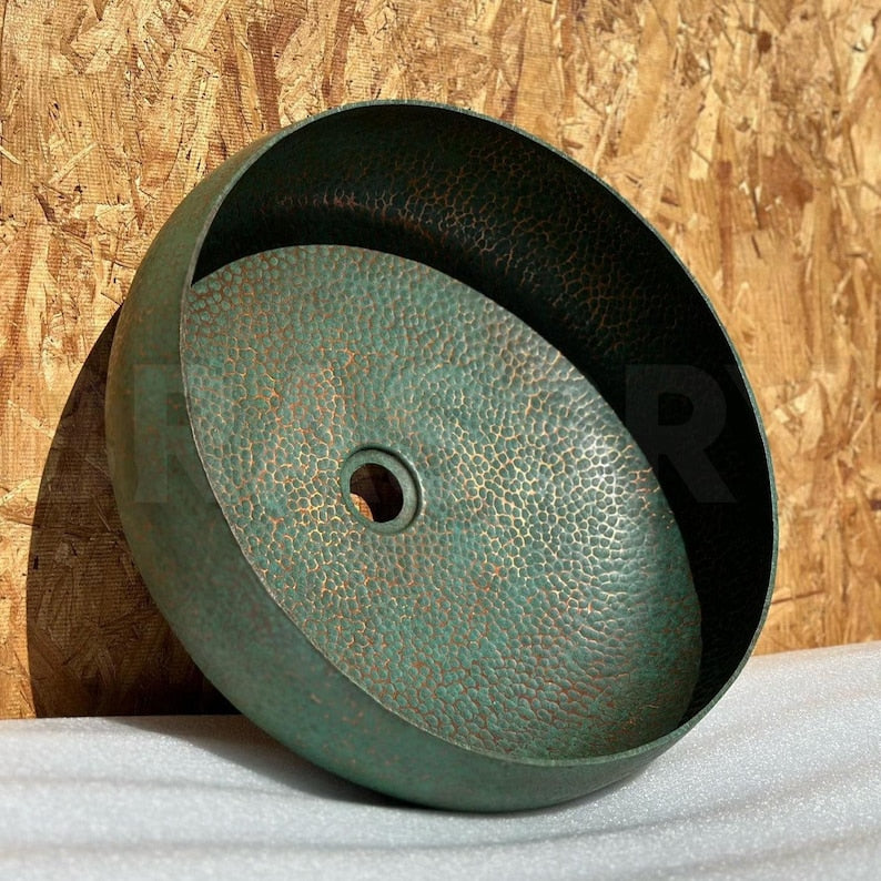 Handmade Moroccan Oxidized Copper Sink – Rustic Green Patina Round Vessel Basin for Vintage Farmhouse Bathroom Decor
