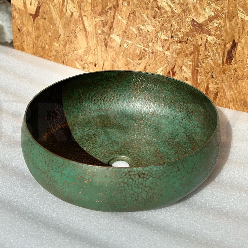 Handmade Moroccan Oxidized Copper Sink – Rustic Green Patina Round Vessel Basin for Vintage Farmhouse Bathroom Decor
