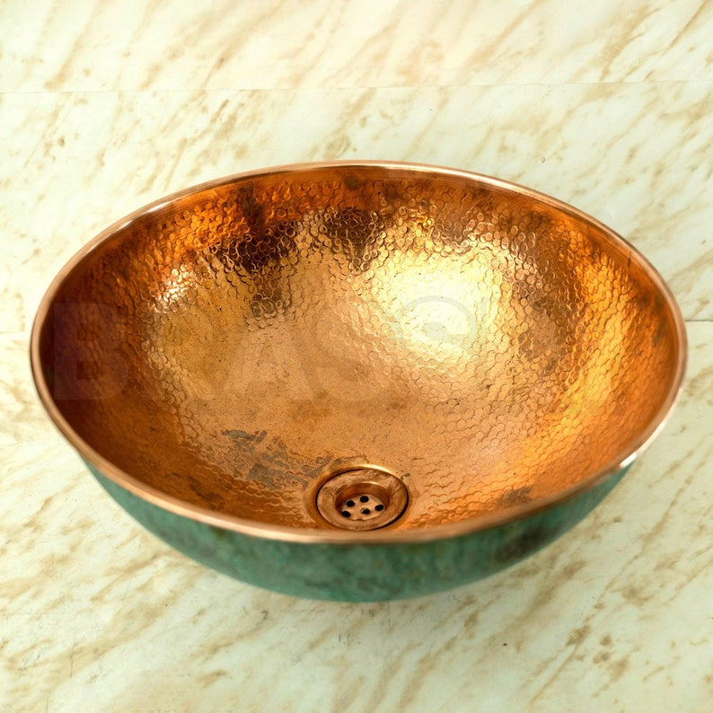 Handmade Moroccan Oxidized Copper Vessel Sink – Round Hammered Copper Bathroom Vanity Bowl with Turquoise Patina Finish, Copper Wash Basin
