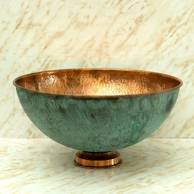 Handmade Moroccan Oxidized Copper Vessel Sink – Round Hammered Copper Bathroom Vanity Bowl with Turquoise Patina Finish, Copper Wash Basin
