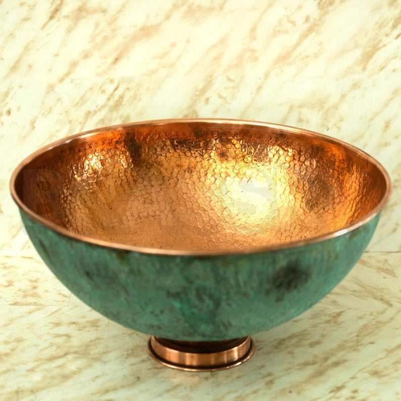 Handmade Moroccan Oxidized Copper Vessel Sink – Round Hammered Copper Bathroom Vanity Bowl with Turquoise Patina Finish, Copper Wash Basin
