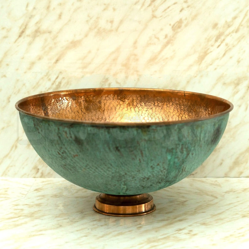 Handmade Moroccan Oxidized Copper Vessel Sink – Round Hammered Copper Bathroom Vanity Bowl with Turquoise Patina Finish, Copper Wash Basin
