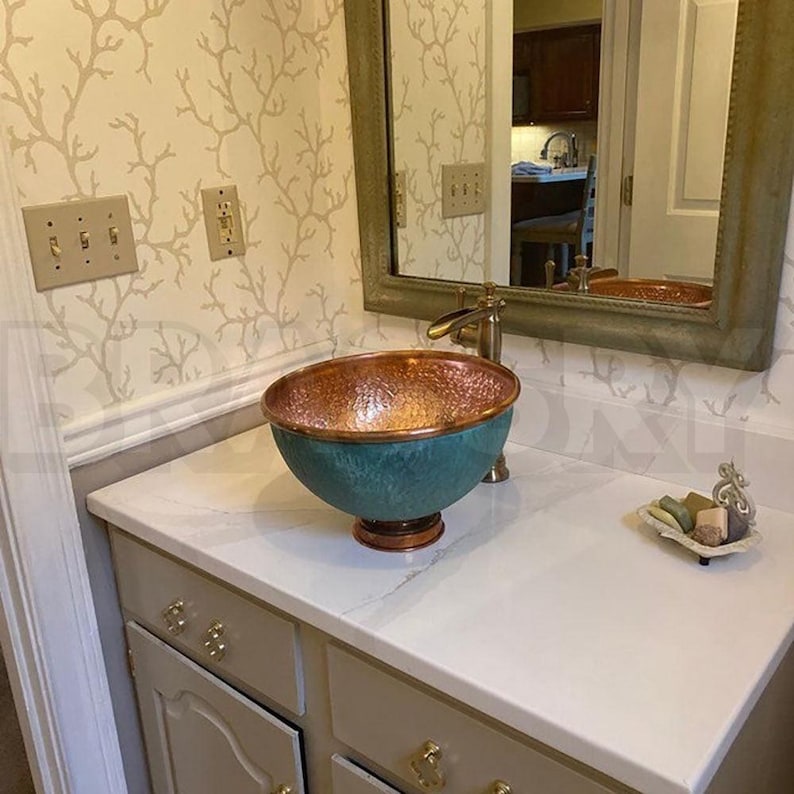 Handmade Moroccan Oxidized Copper Vessel Sink – Round Hammered Copper Bathroom Vanity Bowl with Turquoise Patina Finish, Copper Wash Basin
