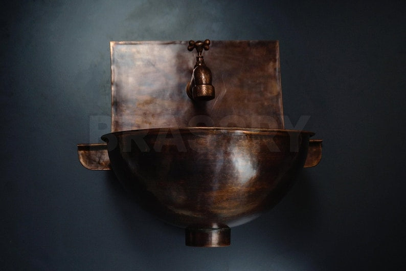 Handmade Moroccan Rustic Copper Wall-Mounted Sink, Round Hammered Copper Bathroom Basin with Backplate & copper water tap