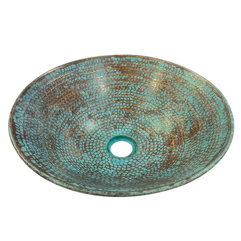 Handmade Moroccan Turquoise Patina Copper Bathroom Vessel Sink – Rustic Round Hammered Basin for Boho Vanity, Artistic Washroom Spa-Inspired
