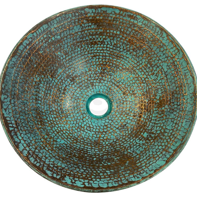 Handmade Moroccan Turquoise Patina Copper Bathroom Vessel Sink – Rustic Round Hammered Basin for Boho Vanity, Artistic Washroom Spa-Inspired
