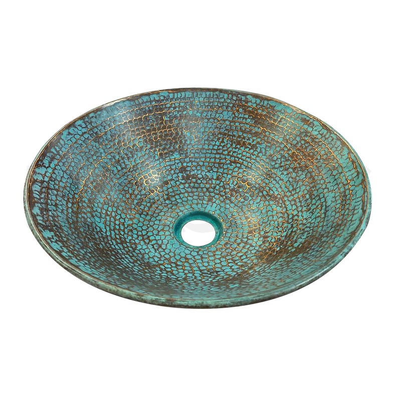 Handmade Moroccan Turquoise Patina Copper Bathroom Vessel Sink – Rustic Round Hammered Basin for Boho Vanity, Artistic Washroom Spa-Inspired
