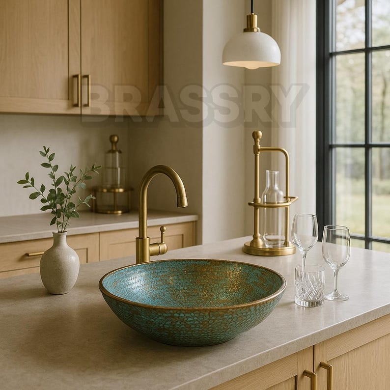Handmade Moroccan Turquoise Patina Copper Bathroom Vessel Sink – Rustic Round Hammered Basin for Boho Vanity, Artistic Washroom Spa-Inspired
