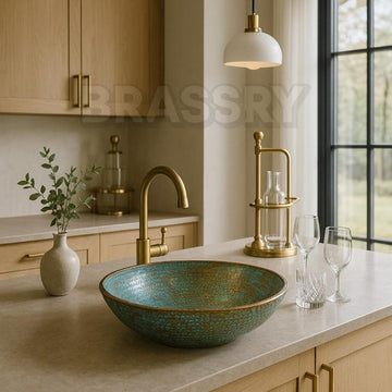 Handmade Moroccan Turquoise Patina Copper Bathroom Vessel Sink – Rustic Round Hammered Basin for Boho Vanity, Artistic Washroom Spa-Inspired
