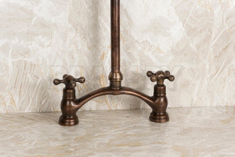 Handmade Moroccan brass bridge faucet with square spout and dark oxidized finish

