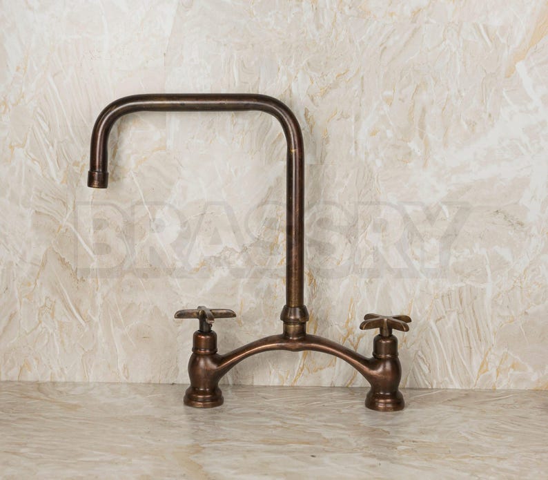 Handmade Moroccan brass bridge faucet with square spout and dark oxidized finish

