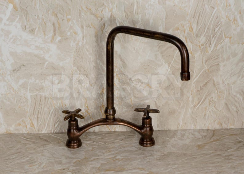 Handmade Moroccan brass bridge faucet with square spout and dark oxidized finish

