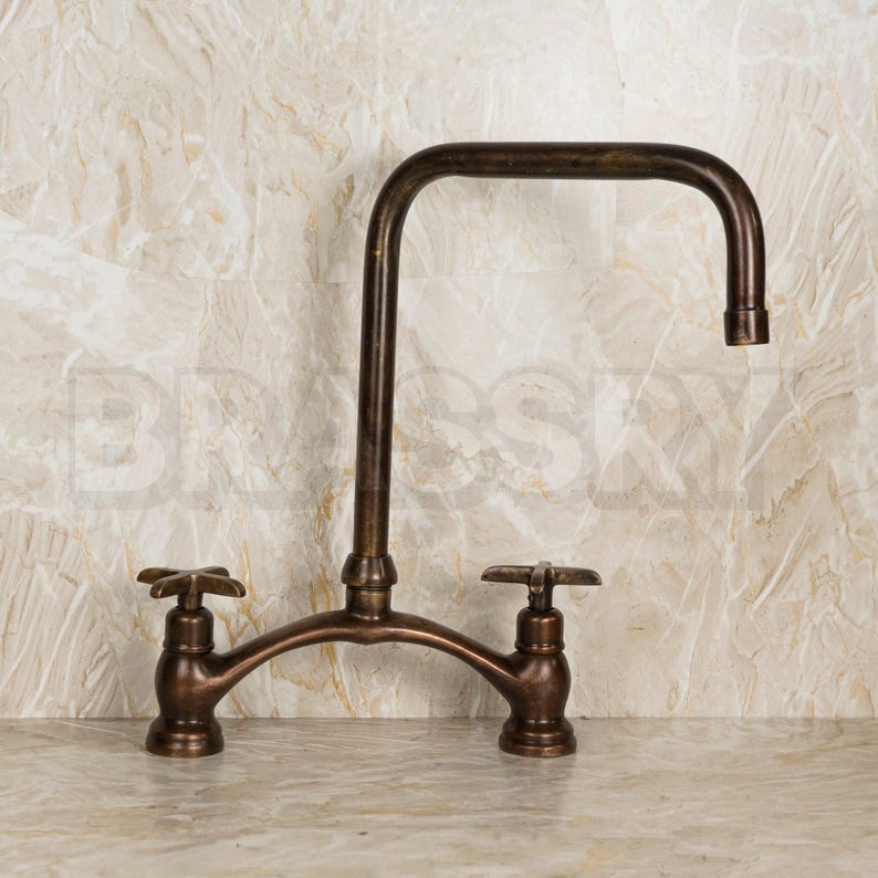 Handmade Moroccan brass bridge faucet with square spout and dark oxidized finish

