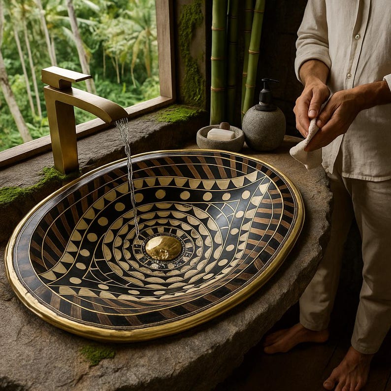 Handmade Moroccan brass sink with eye shape and bone resin wood inlay pattern

