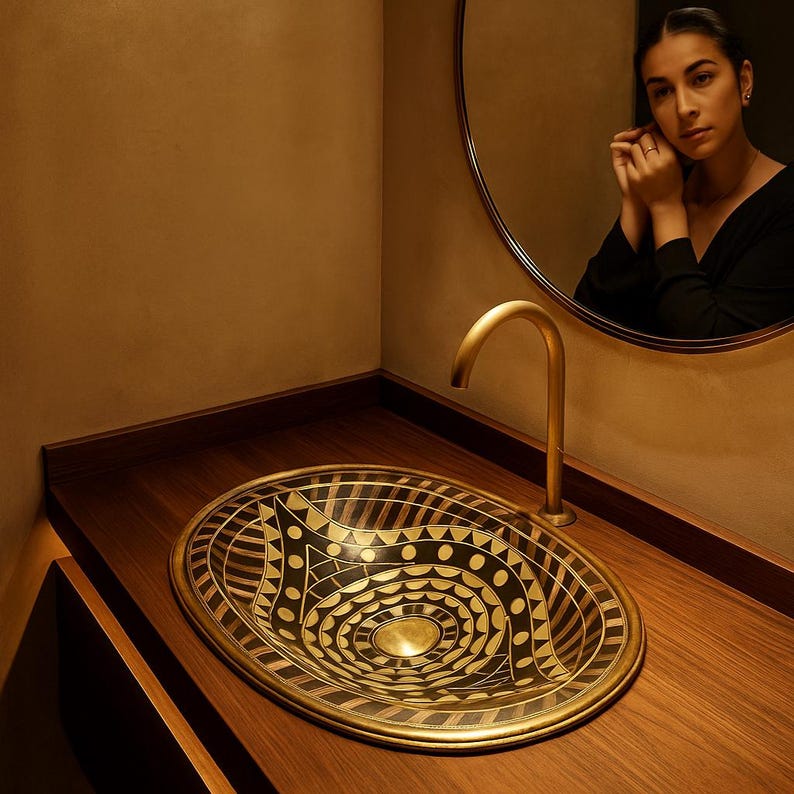 Handmade Moroccan brass sink with eye shape and bone resin wood inlay pattern

