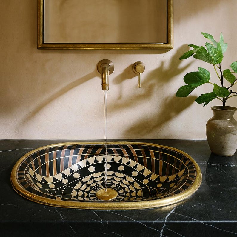 Handmade Moroccan brass sink with eye shape and bone resin wood inlay pattern

