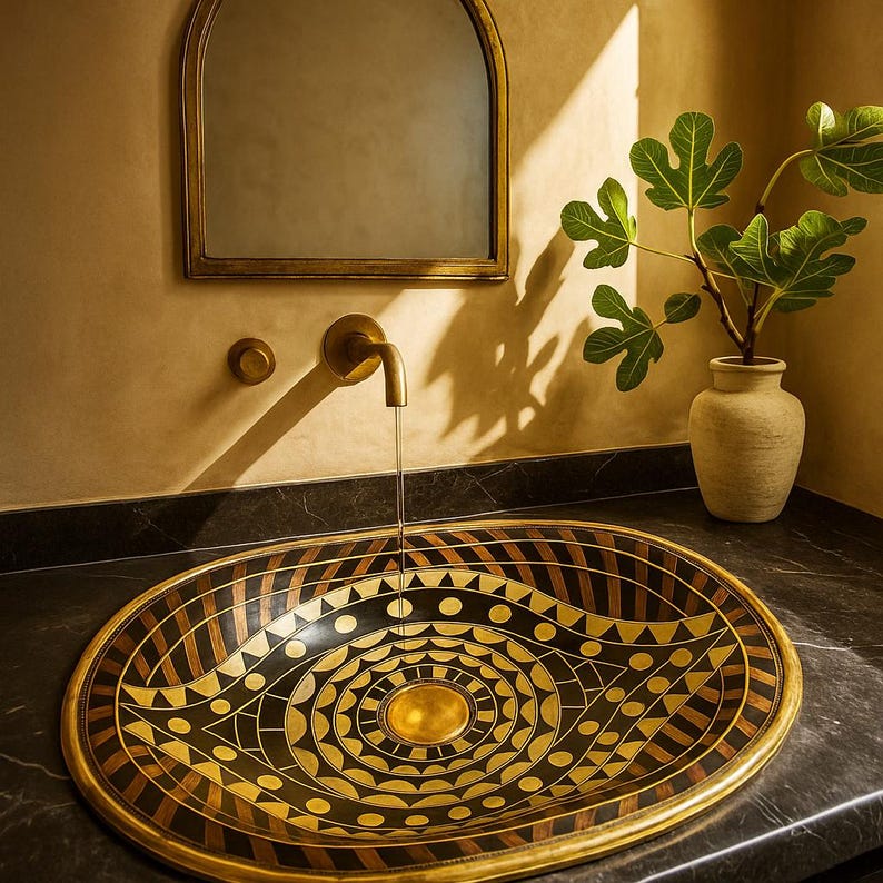 Handmade Moroccan brass sink with eye shape and bone resin wood inlay pattern

