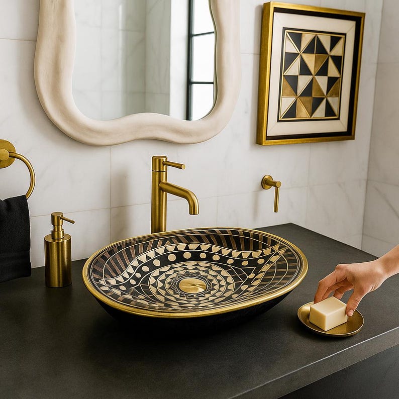Handmade Moroccan brass sink with eye shape and bone resin wood inlay pattern


