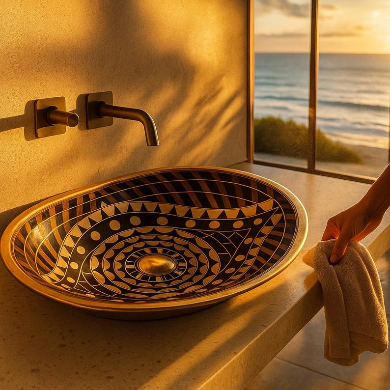 Handmade Moroccan brass sink with eye shape and bone resin wood inlay pattern


