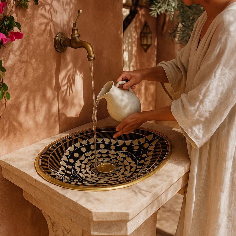 Handmade Moroccan brass sink with eye shape and bone resin wood inlay pattern

