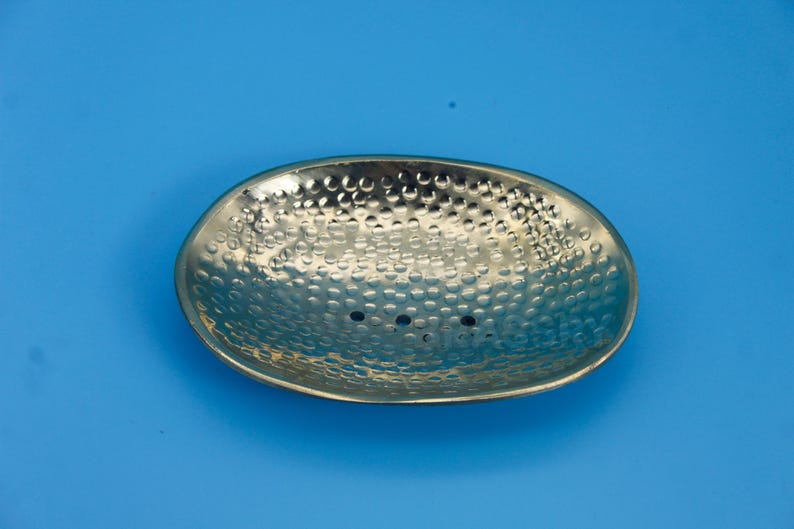 Handmade Moroccan brass wall-mounted soap holder with grid design and unlacquered finish

