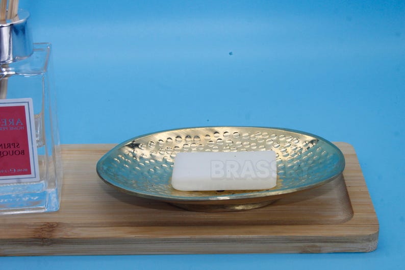 Handmade Moroccan brass wall-mounted soap holder with grid design and unlacquered finish

