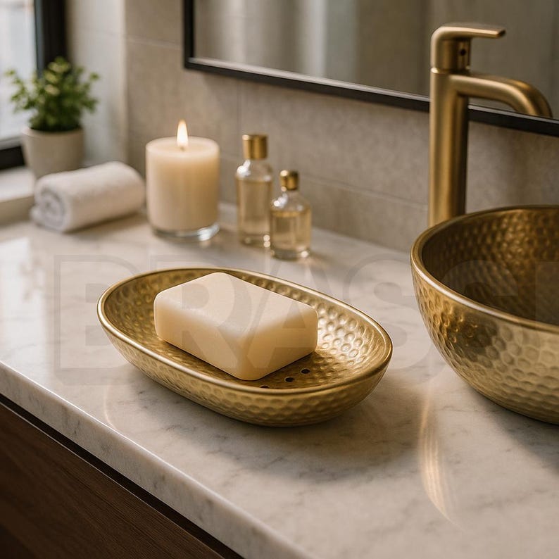 Handmade Moroccan brass wall-mounted soap holder with grid design and unlacquered finish

