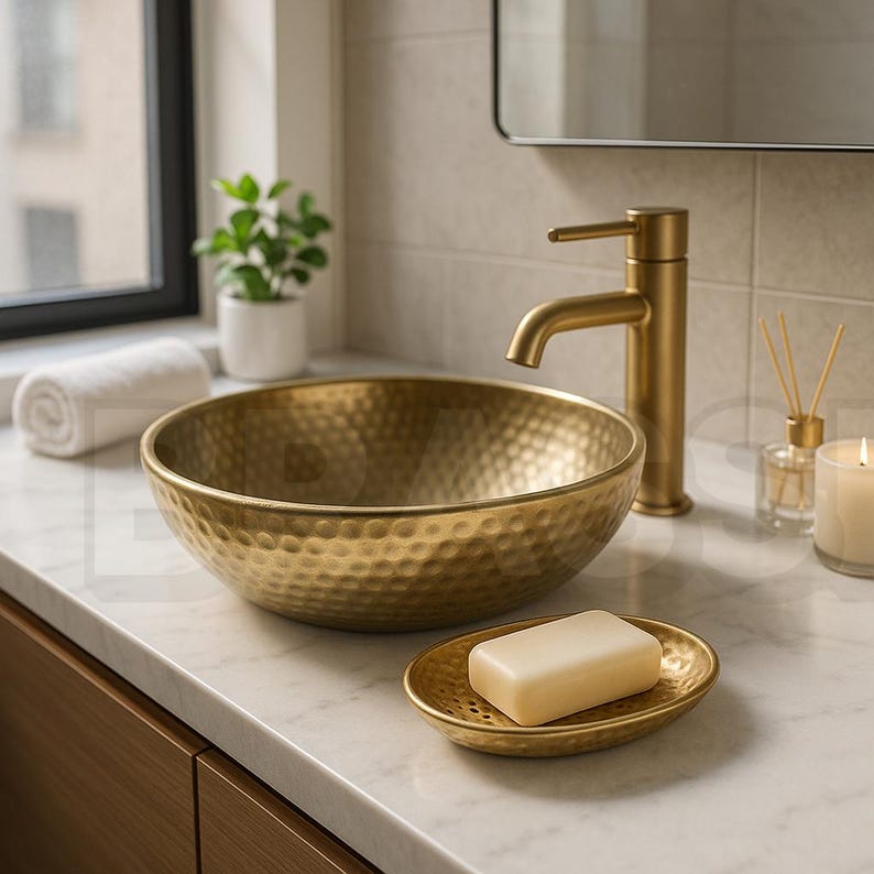 Handmade Moroccan brass wall-mounted soap holder with grid design and unlacquered finish

