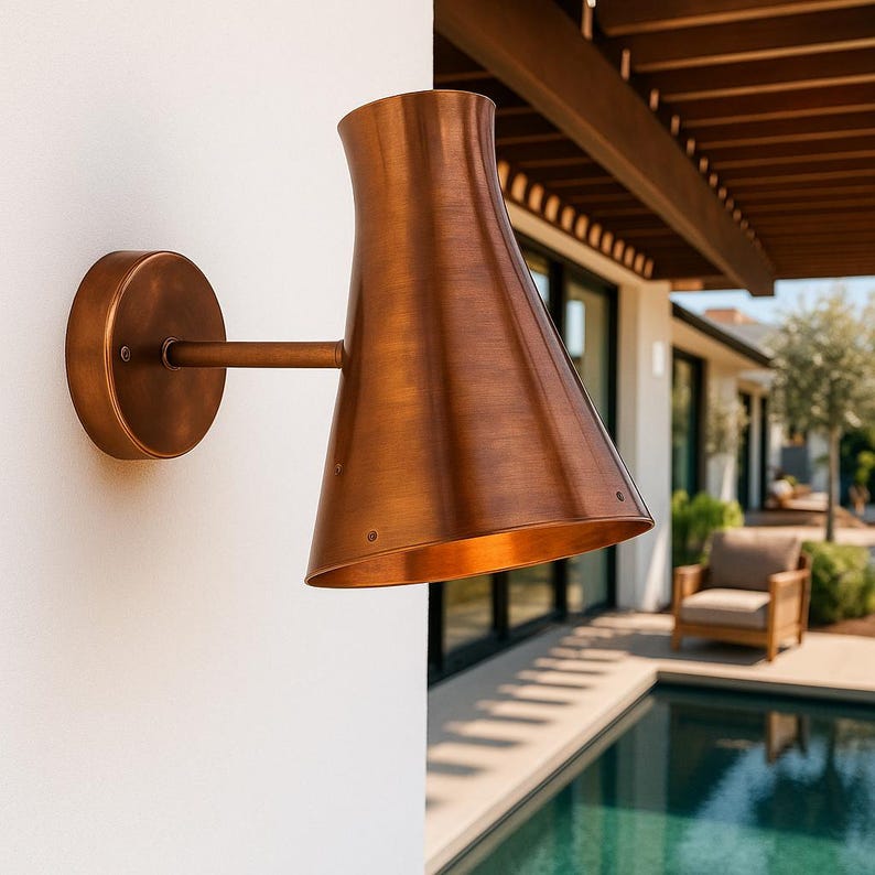 Handmade Moroccan brushed copper wall light – artisan conical sconce for indoor and outdoor use

