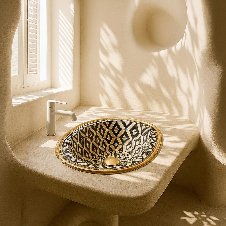 Handmade Moroccan drop-in bathroom sink with geometric pattern