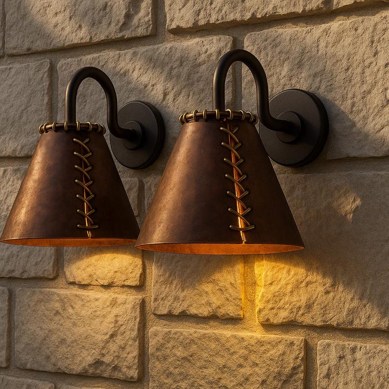 Handmade Rustic Oxidized Copper Wall Sconce – Patina Farmhouse Copper Sconce – Unique Stitch Detail Indoor Outdoor Light Fixture
