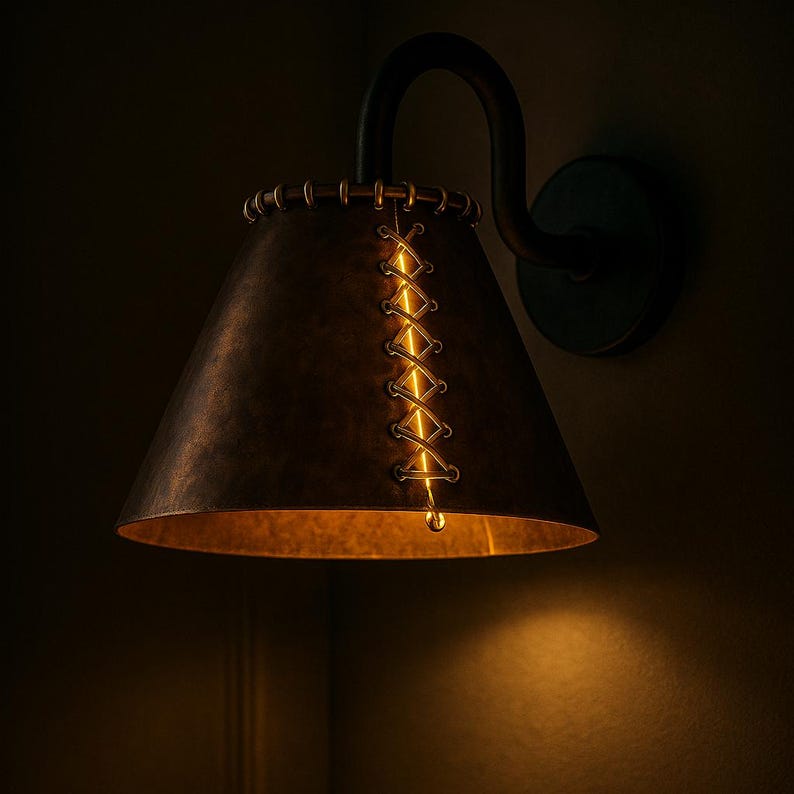 Handmade Rustic Oxidized Copper Wall Sconce – Patina Farmhouse Copper Sconce – Unique Stitch Detail Indoor Outdoor Light Fixture
