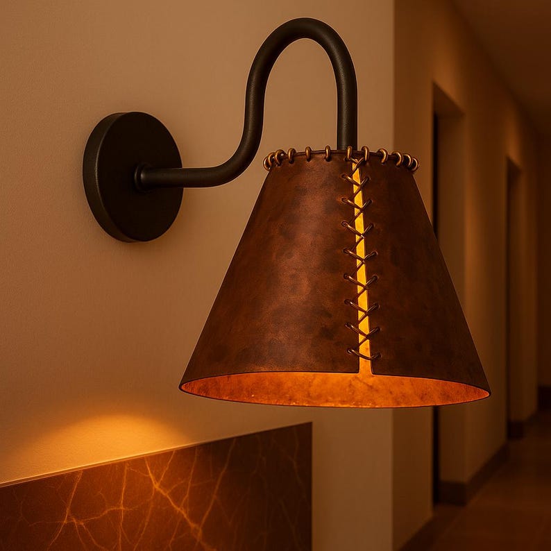 Handmade Rustic Oxidized Copper Wall Sconce – Patina Farmhouse Copper Sconce – Unique Stitch Detail Indoor Outdoor Light Fixture
