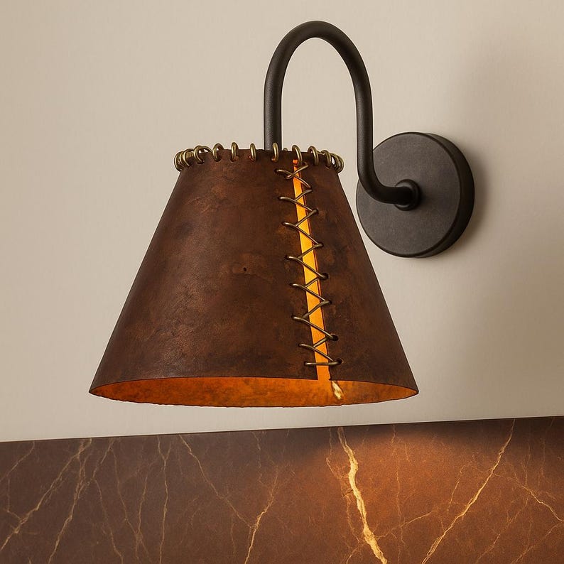 Handmade Rustic Oxidized Copper Wall Sconce – Patina Farmhouse Copper Sconce – Unique Stitch Detail Indoor Outdoor Light Fixture
