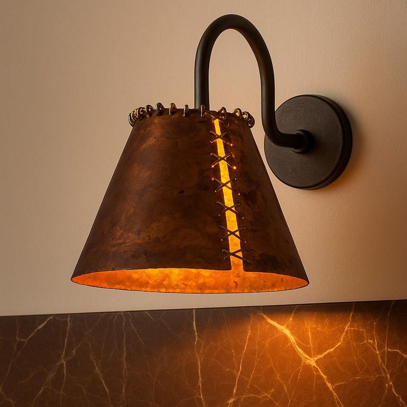 Handmade Rustic Oxidized Copper Wall Sconce – Patina Farmhouse Copper Sconce – Unique Stitch Detail Indoor Outdoor Light Fixture
