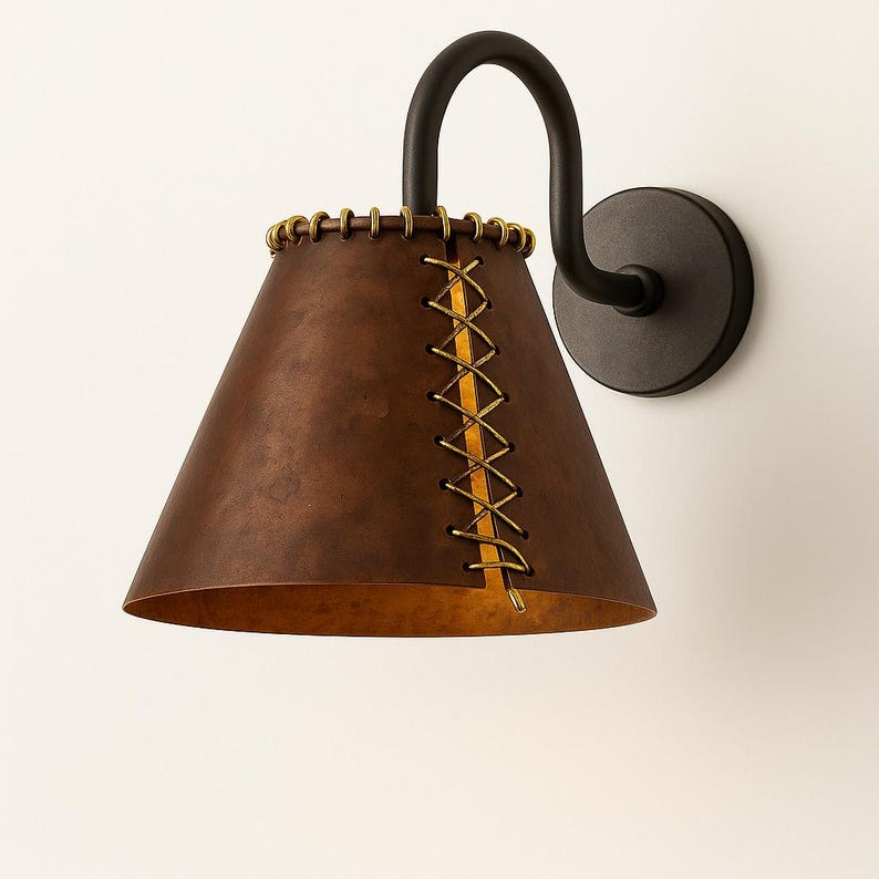 Handmade Rustic Oxidized Copper Wall Sconce – Patina Farmhouse Copper Sconce – Unique Stitch Detail Indoor Outdoor Light Fixture
