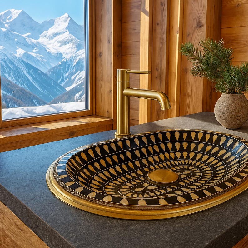 Handmade black oval brass bathroom sink with ivory bone and resin inlay

