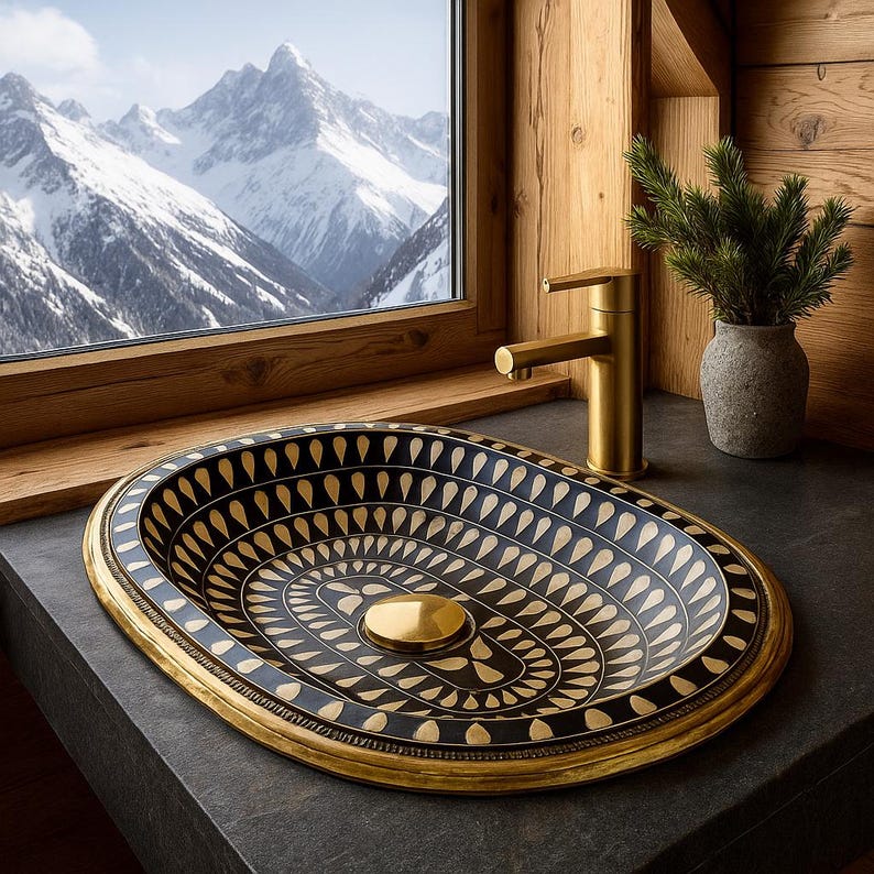 Handmade black oval brass bathroom sink with ivory bone and resin inlay

