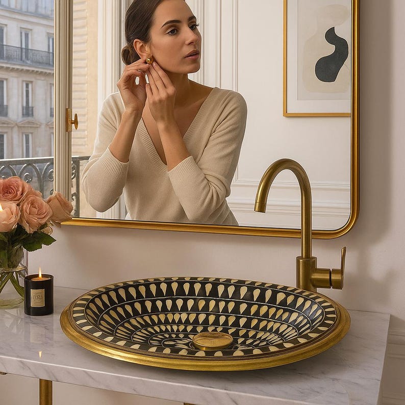 Handmade black oval brass bathroom sink with ivory bone and resin inlay

