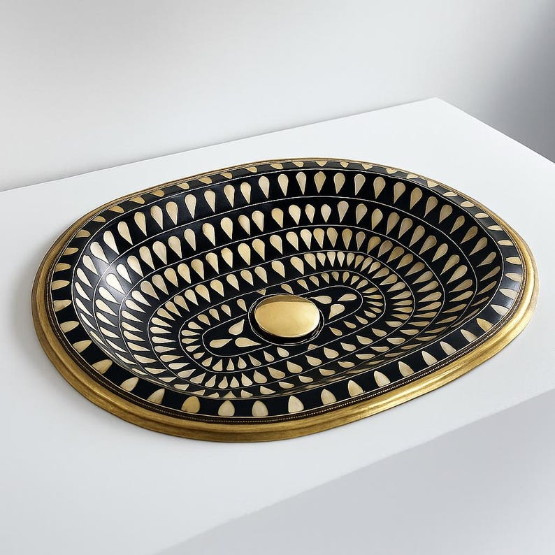 Handmade black oval brass bathroom sink with ivory bone and resin inlay

