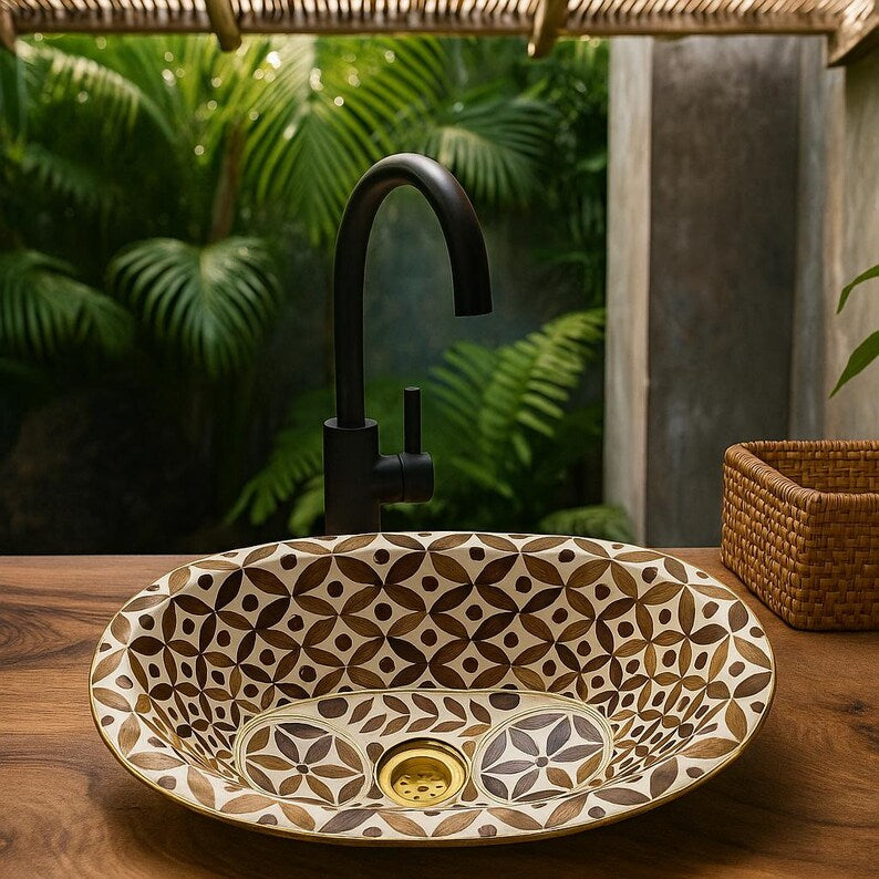 Handmade brass sink with floral bone and wood inlay