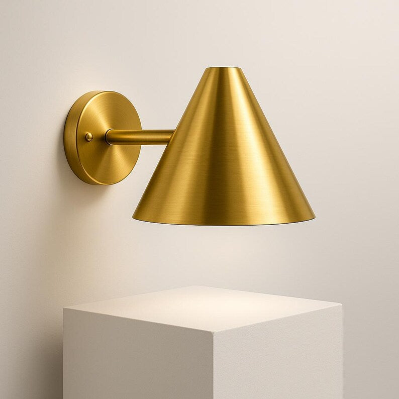 Handmade brushed brass cone wall sconce – minimalist modern fixture

