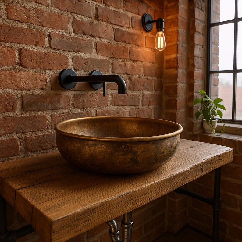 Handmade copper and brass bathroom sink with rustic patina finish