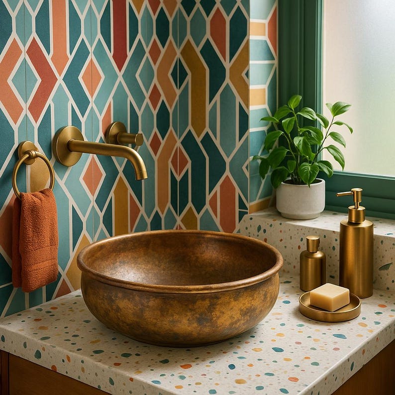 Handmade copper and brass bathroom sink with rustic patina finish