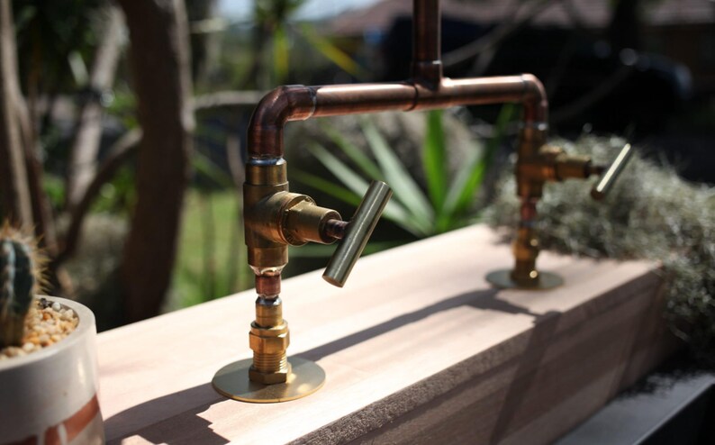 Handmade copper faucet with brass valves rustic double handle tap

